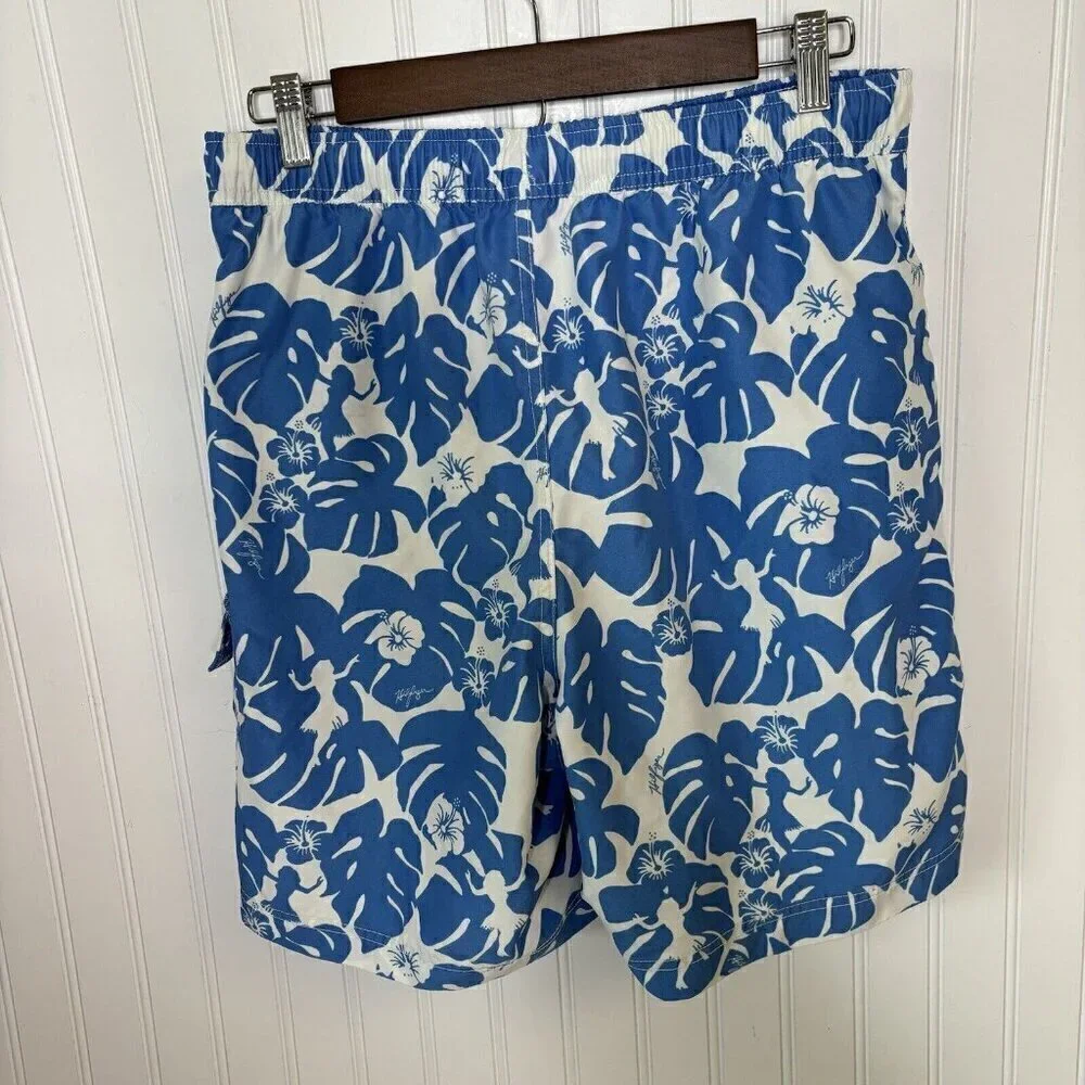 Tommy Hilfiger Mens Medium Blue White Tropical Hula Girl Print Swim Short Trunks